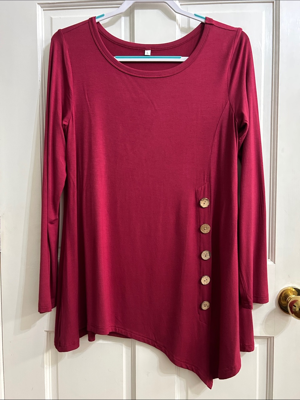 Women's Burgundy Tunic Long Sleeve Asymmetric Button Detail Top